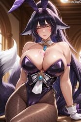 1girls ai_generated azur_lane bare_shoulders big_breasts breasts breasts_focus bunny_ears cameltoe curvy curvy_female face_markings fake_ears female female_only fishnet_legwear fishnet_pantyhose fishnets fox_ears fox_girl fox_tail leotard long_hair looking_at_viewer musashi_(azur_lane) patreon playboy_bunny salupai slit_pupils solo solo_female strapless_leotard tail thick_thighs uncensored watermark