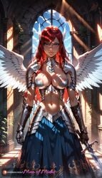 ai ai-created ai_assisted ai_generated areola_slip armor armored_female armored_gloves blue_eyeshadow blue_skirt brown_eyes erza_scarlet fairy_tail female manofmidas red_hair revealing_armor valkyrie winged_humanoid