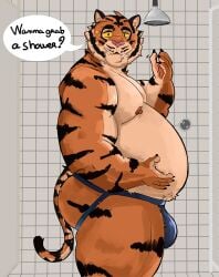 2025 absurd_res anthro areola belly belly_overhang big_belly big_bulge bulge claws clothed clothing dialogue english_text engrish eyebrows felid fur hi_res inside inviting jockstrap longleynus looking_at_viewer male mammal moobs nipples overweight overweight_anthro overweight_male pantherine shower side_view smile solo standing talking_to_viewer teeth text thick_arms thick_thighs tiger topless topless_anthro topless_male tuft underwear