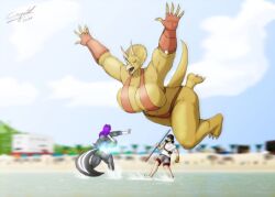 1boy 2girls animal_ears beach bikini blue_sky blurry blurry_background blurry_foreground breasts claws dated day depth_of_field female jumping long_hair male motion_blur multiple_girls outdoors pokemon_(creature) running shirt shorts sky tail volleyball