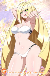 1girls big_breasts bikini blonde_hair breasts eye_contact female green_eyes human large_breasts long_hair looking_at_viewer lusamine_(pokemon) mature_female milf nintendo nipple_bulge pokemon pokemon_sm solo standing thick_thighs thighs yensh