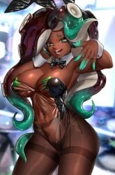 1girls animal_ears arms_up artist_request bare_shoulders black_hair black_leotard blurry blurry_background bow bowtie breasts bunny_ears bunny_girl bunny_tail bunnysuit cleavage cowboy_shot cropped_vest dark_skin depth_of_field detached_collar fake_animal_ears fake_tail female gradient_hair green_eyes green_hair green_nails headphones highleg highleg_leotard iida_(splatoon) large_breasts leotard long_hair looking_at_viewer mole mole_under_mouth multicolored multicolored_hair multicolored_skin navel_piercing octarian open_mouth pantyhose shiny shiny_clothes smile solo source_request standing strapless strapless_leotard suction_cups tail teeth tentacle_hair two-tone_hair wrist_cuffs zipper
