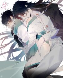 2boys anal arm_up blade_(honkai:_star_rail) bottomless closed_eyes closed_mouth commentary_request dan_heng_(honkai:_star_rail) earrings feet_out_of_frame floating_hair gloves hand_on_another's_hip heart highres honkai:_star_rail honkai_(series) jasminetee jewelry long_hair male male_focus male_penetrated male_pubic_hair male_underwear male_underwear_pull multiple_boys open_pants pants piercing pubic_hair red_eyes sex single_bare_shoulder sleeve_cuffs smile speech_bubble tassel tassel_earrings underwear very_long_hair yaoi