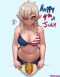 1futa :3 american_flag american_flag_bikini american_flag_print bare_arms bikini blurry blurry_background breasts brown_hair closed_mouth clothed clothing elf erection female female_pubic_hair flag_print flag_print_bikini fourth_of_july futa_only futanari glasses highres hot_dog huge_cock humanoid humanoid_penis intersex light-skinned_futa light_skin long_hair looking_at_viewer medium_breasts mostly_nude mustard navel original penis penis_hot_dog pointy_ears precum print_bikini pubic_hair purple_eyes semi-rimless_eyewear seraziel smile solo swimsuit uncensored under-rim_eyewear