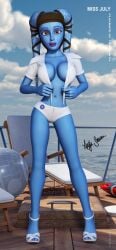 alternate_costume barefoot bikini bikini_top blue_bikini blue_legwear blue_skin blurry breasts brown_hair casual cleavage cloud contrapposto day feet female front-tie_top full_body gloves hair_pulled_back hand_on_hip hands_on_hips high_heels lipstick long_hair looking_at_viewer makeup medium_breasts midriff nail_polish navel open_shirt outdoors ponytail sandals shoes signature sky smile solo standing swimsuit toeless_legwear toenail_polish toes undressing widowmaker_(overwatch) yellow_eyes