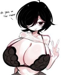 :p big_breasts black_hair boobs boobs_focus bra breasts breasts_focus female female_focus female_only leggings looking_at_viewer peace_sign reinsleif rox_hoxten self_insert semi_nude solo_female tagme tongue_out voluptuous voluptuous_female white_background white_body