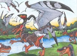 ambiguous_gender being_watched belly bite blaquetygriss bone_frill brown_body claws cloacal cloacal_penetration cloacal_penis colored_pencil_(artwork) countershading dinosaur dromaeosaurid feet feral flying frill_(anatomy) grass grey_body group hi_res looking_at_another looking_back male male/male multicolored_body neck_bite neck_grab neck_tuft open_mouth orange_feet orange_underbelly outside penetration plant prehistoric_species pterosaur questionable_consent red_body red_scales reptile river running scales scalie sickle_claw sky smile standing striped_body stripes surprise surprised_expression teeth theropod toe_claws tongue traditional_media_(artwork) treeline tuft white_belly white_chest worried