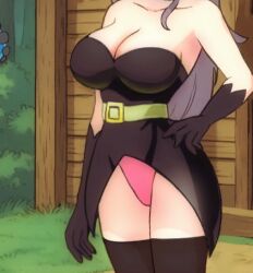 bare_shoulders belt black_dress black_gloves black_thighhighs breasts cg cleavage collarbone dress elbow_gloves female gloves grass hand_on_own_hip head_out_of_frame large_breasts leotard long_hair official_art outdoors panties pantyshot pink_panties purple_hair smile solo standing strapless strapless_dress thighhighs tree underwear witch_(witch_seed_gsa) witch_seed_(goblin_slave_alchemy)
