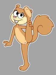 2025 anthro ass featureless_chest feet female flat_chested gaturo genitals grey_background hi_res looking_at_viewer mammal nickelodeon on_one_leg rodent sandy_cheeks sciurid simple_background smile soles solo spongebob_squarepants spread_legs spreading standing tail toes tree_squirrel vulva