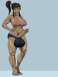 bar_censor barefoot blue_eyes breasts brown_hair dark_nipples dark_skin erection female futanari hand_on_hip huge_breasts huge_cock long_hair nipples penis ponytail solo testicles topless uncensored underwear veins