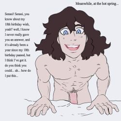 artist_request blue_eyes brown_hair chest_hair color cute_boy cute_male dark_hair dick dick_out digital_art digital_media_(artwork) dumb dumb_male english english_dialogue english_text foreigner grin happy happy_smile hot_spring icy_blue_eyes imminent_sex innocence innocent innocent_expression innocent_smile lean_muscles leaning_forward leaning_on_object long_hair long_hair_male male male_focus male_only muscular_male naked naked_male no_sex no_sex(yet) nude_male original_character pale-skin pale-skinned_male pale_skin penis penis_out pubic_hair requesting sensei smiling smiling_at_viewer teacher teacher_and_student unaware unaware_exhibitionist wish_fulfillment young younger_male