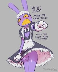 anthro balls bottomless bottomless_anthro bottomless_male clothed clothing crossdressing erection front_view genitals gesture glans glitch_productions gloves hand_gesture handwear hi_res humanoid_genitalia humanoid_penis jax_(tadc) lagomorph leporid maid_headdress maid_uniform male mammal marshmallow-ears penis pointing pointing_at_viewer rabbit simple_background slim_anthro slim_male solo standing teeth the_amazing_digital_circus uniform upskirt yellow_teeth