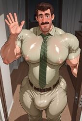 1boy ai ai_generated bara bara_tiddies bara_tits belt big_breasts big_bulge big_chest big_pecs bill_andersen blush blushing_male brown_hair bulge busty dad daddy dilf disney facial_hair huge_breasts huge_chest huge_pecs inside_out male male_only muscular muscular_male necktie osupp-ai pixar solo solo_male tie wave waving wide_hips