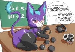 absurd_res battle_academia_series battle_principal_yuumi bdsm_gear bondage classroom classroom_desk dialogue domestic_cat drakkie eyewear felid feline felis female feral fur glasses hi_res league_of_legends looking_at_viewer mammal paws purple_body purple_fur riot_games school simple_background solo tail tencent toy yuumi_(lol)