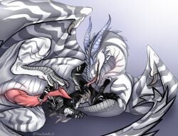 ambiguous_gender andromorph anthro anthro_on_feral aroused back_spikes big_clitoris black_body black_fur bodily_fluids canid canine claws clitoris dragon duo feral finger_claws fox fur genital_fluids genitals grey_body grey_fur hi_res horn intersex intersex/male looking_at_another looking_pleasured male male/male mammal markings mastectomy_scar membrane_(anatomy) membranous_wings mythological_creature mythological_scalie mythology nipples oral penetration penis pink_penis pink_tongue red_fox reptile scales scalie scar sharp_horn sharp_teeth shirojackote silver_fox size_difference spikes spikes_(anatomy) spread_legs spreading striped_body striped_markings stripes teeth toe_claws tongue tongue_penetration true_fox vaginal_fluids vaginal_penetration vaginal_penetration vein veiny_penis vulva white_body white_fur wing_claws wings zoophilia
