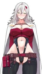 absurdres ass_visible_through_thighs belt_pouch blush breasts chaps chest_strap cleavage clothing_cutout coat coat_on_shoulders cropped_jacket dog_tags female goddess_of_victory:_nikke grey_hair hair_between_eyes hair_ornament highres large_breasts leotard long_hair messy_hair navel navel_cutout pouch shiny_skin simple_background solo standing stomach_cutout white_background white_coat yellow_eyes yulha_(nikke) zenisu