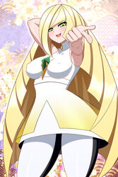 1girls big_breasts blonde_hair breasts clothed eye_contact female fully_clothed green_eyes human large_breasts long_hair looking_at_viewer lusamine_(pokemon) mature_female milf nintendo nipple_bulge pokemon pokemon_sm solo standing thick_thighs thighs yensh