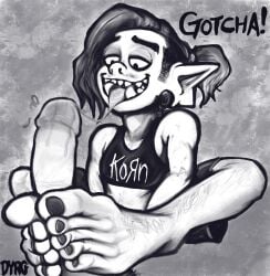 5_toes autofootjob bodily_fluids bottomwear clothing dialogue digital_media_(artwork) duo dyrg ear_piercing english_text erection feet foot_fetish foot_play footjob genitals goblin green_body green_skin greyscale hair hi_res humanoid humanoid_feet humanoid_genitalia humanoid_penis humanoid_pointy_ears lazertooth male male/male masturbation monochrome not_furry open_mouth penis piercing plantigrade pointy_ears saliva saliva_on_penis saliva_string sex shirt short_stack shorts simple_background sitting smile spread_legs spreading tank_top teeth text toes tongue tongue_out topwear two-footed_autofootjob