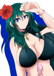 1girls alternate_costume bikini black_bikini black_swimsuit blue_background blue_eyes breasts byleth_(fire_emblem) byleth_(fire_emblem)_(female) byleth_(summer)_(fire_emblem)_(female) cape cleavage fire_emblem fire_emblem:_three_houses fire_emblem_heroes flower hair_flower hibiscus huge_breasts long_hair looking_at_viewer nintendo official_alternate_costume red_flower sideboob simi_zero solo swimsuit teal_hair upper_body