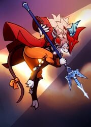 action_pose anthro anthro_female ass ass_focus basic_background blue_eyes clothed clothed_female final_fantasy final_fantasy_ix freya_crescent fully_clothed furry furry_female furry_only heroine mewgle neutral_expression orange_pants rat rat_girl rat_tail red_clothing red_coat red_hat side_view skin_tight skin_tight_clothes spear square_enix tasteful white_fur white_hair