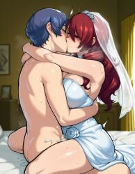 1boy 1boy1girl 1girls ai_generated ambiguous_penetration blue_hair bride digbyai female female kissing kissing makoto_yuki male male/female mitsuru_kirijo persona persona_3 red_hair sex straight tagme wedding_dress wedding_lingerie