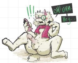 anthro blush bovid caprine caught crazymaizi deltarune dildo embarrassed goat hi_res imminent_masturbation leaking male mammal ralsei scarf sex_toy shocked solo undertale_(series)