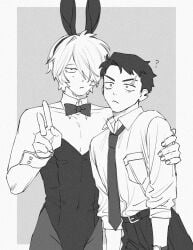 2boys adopted_son adoptive_father aged_up alternate_costume bowtie bunny_ears bunnysuit crossdressing gegege_no_kitarou getakichi hair_over_one_eye half-closed_eyes kitarou kitarou_tanjou_gegege_no_nazo male male_only male_playboy_bunny mizuki_(gegege_no_kitarou) scar scar_across_eye takesuke time_paradox v_sign