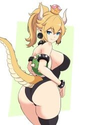 1girls animal_tail back_view big_ass big_breasts big_butt big_thighs big_titties bowsette clothing curvaceous curvaceous_female curvaceous_figure curvy curvy_figure curvy_hips dat_ass fat_ass female female_only horns light-skinned_female light_skin long_hair looking_at_viewer mario_(series) momocka_art nintendo super_mario_bros. tail thigh_highs yellow_hair