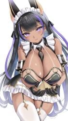 animal_ears azur_lane bare_shoulders between_breasts bikini black_bikini black_gloves black_hair black_necktie black_skirt blush breasts cg cleavage cleopatra_(azur_lane) closed_mouth colored_inner_hair cowboy_shot dark-skinned_female dark_skin detached_collar earrings egyptian fake_animal_ears female frills garter_straps gloves heart heart-shaped_pupils holding jewelry large_breasts leaning_forward long_hair looking_at_viewer maid maid_headdress mole_on_breast multicolored_hair necktie o-ring official_art open_mouth purple_eyes purple_hair simple_background skindentation skirt smile solo streaked_hair sweat swimsuit symbol-shaped_pupils tan tanlines thighhighs thighs two-tone_hair very_long_hair white_background white_legwear white_skirt white_thighhighs