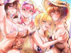 bikini bikini_top blonde_hair breast_grab brown_hair closed_eyes female_knight_(guardian_tales) green_eyes huge_breasts loraine_(guardian_tales) nipples_visible_through_clothing purple_eyes randy_(guardian_tales) red_eyes rie_(guardian_tales) swimsuit tongue_out