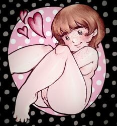 areola_slip artist_upload artistic_nude bangs blush cartoony chubby chubby_female convenient_censoring convenient_censorship covered_nipples covering covering_crotch cute cute_face female flowersonwalls freckles gregory_(flowersonwalls) knees_up nude_female original_art original_artwork original_character pale-skinned_female pale_skin pinup polka_dot polka_dot_background pose short_hair shortstack slightly_chubby slightly_chubby_female