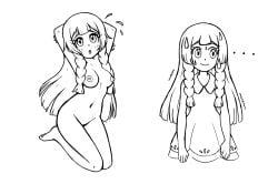 1girls 2021 2d 2d_(artwork) anxious areolae arms_behind_head barefoot blush_lines breasts completely_nude completely_nude_female female female_only full_body gravelurkertsk kneeling lillie_(pokemon) long_hair long_hair_female looking_at_viewer naked naked_female nipples nude nude_female pinup pokemon pokemon_sm posing sketch solo solo_female straight_bangs sweatdrop_(iconography)