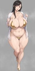 bikini black_hair brown_eyes cameltoe cleavage final_fantasy_vii gold_bikini huge_breasts long_hair looking_at_viewer nanabe_78 necklace removing_shirt sweat thick_thighs tifa_lockhart voluptuous