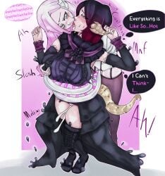 2girls au_ra bare_shoulders bimbo bimbofication black_hair blush blush_lines bodysuit breast_expansion cleavage digital_media_(artwork) dominant dominant_female dress drooling fangs fingers fingers_in_mouth gloves hair horns jacket kissing light_skin melting_clothes moffin open_mouth panties pink pink_hair pussy pussy_juice skirt speech_bubble stockings submissive submissive_female sweaty tail thick_thighs thighhighs thighs thought_bubble tight_clothing transformation trapped unable_to_escape upskirt wet yuri