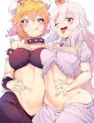 2girls ak4ci average_breasts belly black_bra black_underwear blonde-haired_female blonde_eyebrows blonde_female blonde_hair blonde_hair_female blue-eyed_female blue_eyes booette boosette bowsette bra breasts busty busty_female busty_girl closed_mouth_smile crown eye_closed eyebrows_visible_through_hair female female_only frilled_bra frilled_underwear hand_on_belly hand_on_own_belly hand_on_own_stomach hand_on_stomach large_breasts linea_alba mario_(series) medium_breasts multiple_females multiple_girls nintendo one-eye_closed one_eye_closed one_eye_open open_mouth open_mouth_smile parted_lips princess_king_boo red-eyed_female red_eyes smile smiley_face smiling smiling_at_viewer stomach tongue tongue_out underwear upper_teeth white-haired_female white_bra white_eyebrows white_hair white_underwear yellow-haired_female yellow_eyebrows yellow_hair