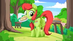16:9 accessory animal_genitalia animal_pussy anus ass chair cloud cutie_mark dessert detailed_background digital_media_(artwork) earth_pony equid equine equine_anus equine_pussy female female_focus female_only feral food friendship_is_magic furniture genitals grass green_body green_eyes green_skin hair hair_accessory hair_ribbon hairbow hasbro hi_res horse long_hair looking_at_viewer looking_back mammal mouth_hold my_little_pony mysticalpha nude outside peachy_sweet_(mlp) pie plant pony pussy red_hair red_tail ribbons signature sky solo table tail text tree url widescreen