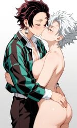 1 1boy cheating_boyfriend closed_eyes demon_slayer female ia_generated kamado_tanjirou kimetsu_no_yaiba kissing male no_sex rule_63 sanemi_shinazugawa white_hair