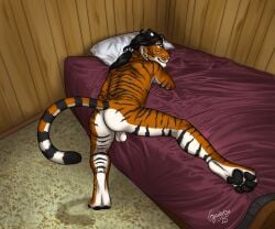 2025 anthro ass athletic athletic_anthro athletic_male backsack balls bed bed_frame bed_sheet bedding bedroom black_hair carpet draw_over feet felid foot_focus furniture gaikotsu genitals hair hi_res leg_on_bed long_hair looking_back male mammal nude nude_anthro nude_male pantherine pawpads photo_manipulation pillow ponytail pose posing_for_picture presenting presenting_balls presenting_hindquarters raised_tail seductive shadow signature smile solo spread_legs spreading tail tiger wall_(structure) wood wood_wall