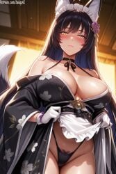 1girls ai_generated azur_lane bare_shoulders big_breasts blush curvy curvy_female dress dress_lift face_markings female female female_only fox_ears fox_girl fox_tail from_below inviting inviting_to_sex kimono looking_at_viewer maid maid_apron maid_headdress maid_outfit maid_uniform musashi_(azur_lane) panties patreon pubic_hair_peek salupai showing_panties slit_pupils solo solo_female standing tail uncensored watermark yellow_eyes