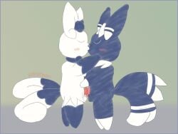 4:3 animal_genitalia animal_penis anthro balls blue_body blue_fur blush bodily_fluids breasts closed_eyes digital_drawing_(artwork) digital_media_(artwork) dipstick_ears dipstick_tail duo ear_markings erection felid feline_genitalia feline_penis flat_colors frottage fur generation_6_pokemon genital_fluids genitals gloves_(marking) gynomorph hi_res intersex intersex/male kissing leaking_precum male male/male mammal markings meowstic multi_tail multicolored_ears nintendo nude penile penis penises_touching pokemon pokemon_(species) precum sex simple_background sydstrom tail tail_markings white_body white_fur