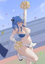 1girls ahoge antenna_hair arm_above_head arm_up azur_lane big_breasts blue_eyebrows blue_hair blue_hair_female blue_sky cheerleader cheerleader_uniform cheerleading clouds curvaceous curvaceous_body curvaceous_female curvaceous_figure curvaceous_hips curvy curvy_body curvy_female curvy_figure curvy_hips day daylight daytime eye_closed female hand_above_head hand_up large_breasts one_eye_closed one_eye_open outdoor outdoors outside parkhopeless purple_eyes purple_eyes_female sky st._louis_(azur_lane) wink winking winking_at_viewer winking_eye