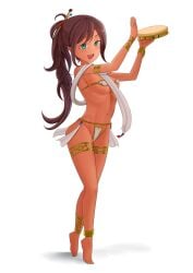 anklet barefoot belly_dancer belly_dancer_outfit bracelet cleavage cleavage_overflow dancer dancer_outfit dancing gold_(metal) gold_jewelry harem_girl harem_outfit instrument jewelry looking_at_viewer original original_character petite petite_body petite_female revealing_clothes sakabatta seductive seductive_look seductive_smile short_female small_breasts smile tambourine thong