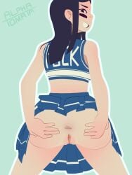 1girls 2d 2d_(artwork) alphatomata anus artist_name ass ass black_hair black_hair_female blank_background cheerleader cheerleader_outfit cheerleader_uniform eye_black female long_hair long_hair_female looking_back no_panties original original_character presenting_ass pussy skirt solo solo_female spreading_ass vagina