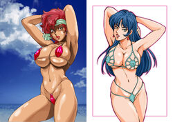 2019 2girls big_breasts bikini blue_hair breasts brown_eyes busty curvaceous dark-skinned_female dark_skin dirty_pair earrings erect_nipples female female_focus female_only green_eyes headband hourglass_figure human kei_(dirty_pair) kugayama_hodai large_breasts light-skinned_female light_skin long_hair micro_bikini multiple_girls pink_hair red_hair short_hair tagme thick_thighs tomboy wide_hips yuri_(dirty_pair)