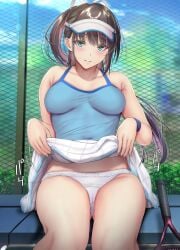 black_hair blue_eyes bow breasts chain-link_fence clothes_lift female fence frilled_panties frills gentsuki highres lifting_own_clothes long_hair looking_at_viewer outdoors panties pleated_skirt ponytail racket sitting skirt skirt_lift solo sportswear tennis tennis_court tennis_racket underwear visor_cap white_panties white_skirt