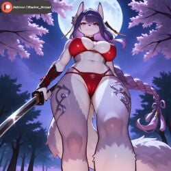 ai-assisted ai_art ai_generated animal_ears anthro bedroom_eyes blush breasts canine_girl cleavage dog_ears dog_girl dog_tail fox_ears fur furrified furry furry_ass furry_breasts furry_ears furry_female furry_only furry_tail genshin_impact highres kemono long_hair looking_at_viewer nipples nsfw nude patreon pawpads purple_hair pussy raiden_shogun sexy shadowsenpai solo spread_legs suggestive tagme tail