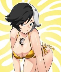 1girls artist_name bikini breasts cleavage female gold_bikini heterochromia jewelry large_breasts looking_at_viewer luna_snow luna_snow_(marvel_rivals) marvel marvel_comics marvel_rivals necklace selvish94 short_hair side-tie_bikini solo solo_female solo_focus swimsuit two_tone_hair