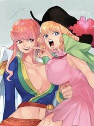 2girls arguing big_breasts blonde_hair breast_press breasts buckingham_stussy busty cleavage curvy dress empress female female_only gloriosa_(one_piece) hat huge_breasts kamat_73 long_hair mature_female midriff one_piece open_mouth pink_hair poking poking_cheek short_hair stussy_(one_piece) voluptuous wide_hips