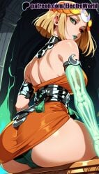 1girls 2025 ai_generated artist_name ass electroworld female from_behind green_eyes hades_(game) hades_2 hi_res high_quality high_resolution highres looking_back melinoe_(hades) patreon patreon_username short_hair solo stable_diffusion watermark