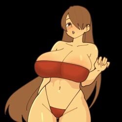 2d 2d_animation animated black_background blush blushing_at_viewer bouncing_breasts breasts breasts_bounce brown_hair color colored hair_over_one_eye large_breasts long_hair looking_at_viewer mayu_naisu navel oc original original_character red_bra red_clothing red_panties simple_background tan-skinned_female tan_body tan_skin thick thick_ass thick_legs voluptuous voluptuous_female